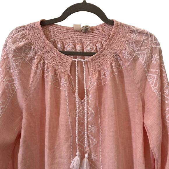 Joie 100% Linen Embroidered Floral Peasant Boho Blouse Pink White Size Large - Picture 2 of 8